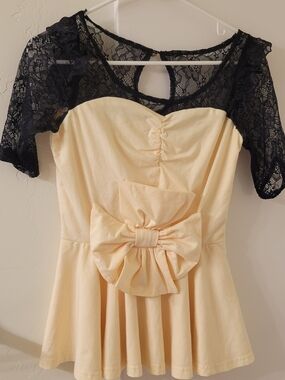 Lace Yoke Peplum Top with Bow - Cream and Black